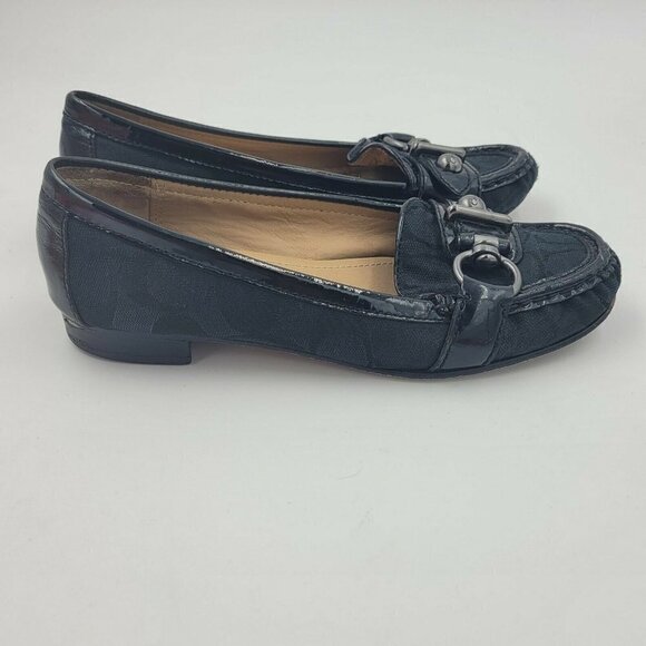Coach Black Canvas Patent Jacquard Heeled Loafers Size 5.5B - Picture 3 of 11